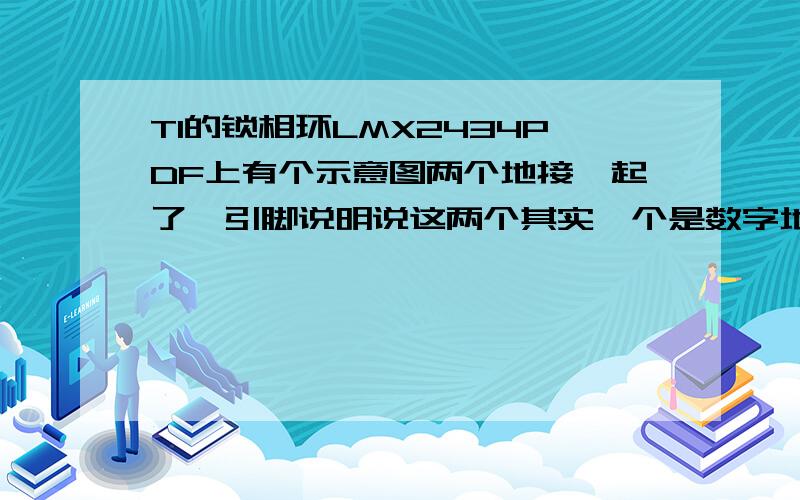 TI的锁相环LMX2434PDF上有个示意图两个地接一起了,引脚说明说这两个其实一个是数字地一个是模拟地因为是数字锁相环,想问下这样直接连一起与分开接模拟地和数字地的差别大么,谢谢