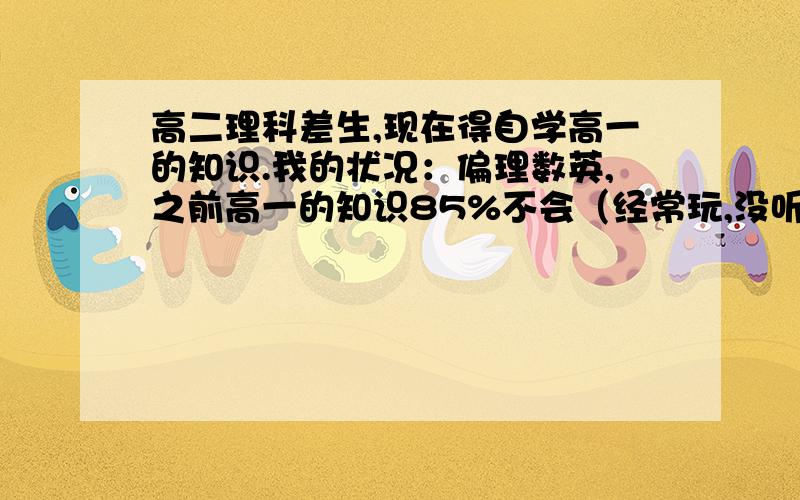 高二理科差生,现在得自学高一的知识.我的状况：偏理数英,之前高一的知识85%不会（经常玩,没听课,会的基本靠自学）,初中知识部分忘记,家庭条件差,自学能力不错.求高师或有类似经历的学