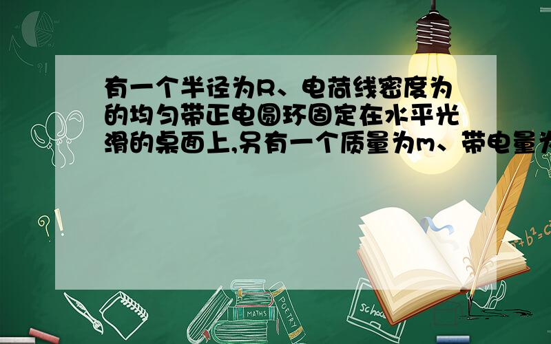 有一个半径为R、电荷线密度为的均匀带正电圆环固定在水平光滑的桌面上,另有一个质量为m、带电量为+q的小球放在桌面上环心附近处,试估算小球的振动周期