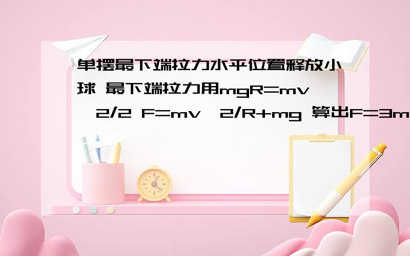 单摆最下端拉力水平位置释放小球 最下端拉力用mgR=mv^2/2 F=mv^2/R+mg 算出F=3mg 对么?