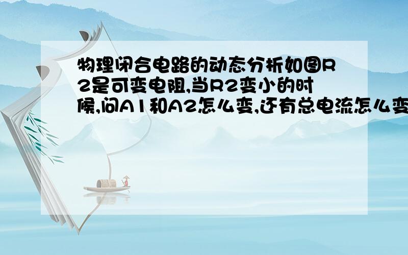 物理闭合电路的动态分析如图R2是可变电阻,当R2变小的时候,问A1和A2怎么变,还有总电流怎么变?（怎么分析的思路麻烦说下,感激不尽!）