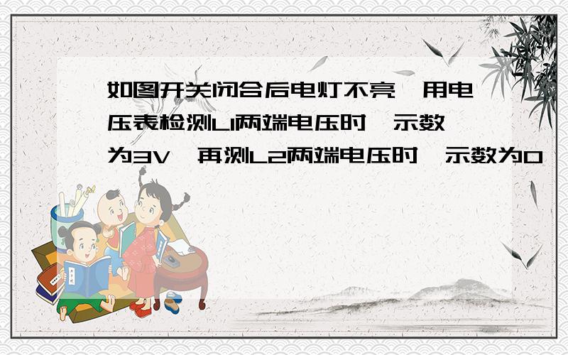 如图开关闭合后电灯不亮,用电压表检测L1两端电压时,示数为3V,再测L2两端电压时,示数为0,则电路故障为A.L1短路,L2开路 B.L1开路 C.L1 L2都开路 D.L1 L2都短路如图2所示电路是两个灯泡组成的串联