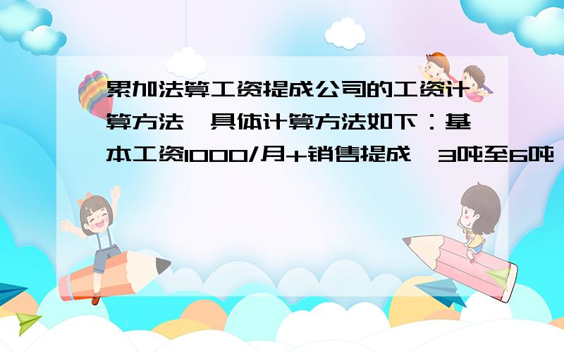 累加法算工资提成公司的工资计算方法,具体计算方法如下：基本工资1000/月+销售提成,3吨至6吨（含6吨）,每吨提成300元,6.1吨至10吨（含10吨）,每吨提成400元,10.1吨至15吨（含15吨）,每吨提成600