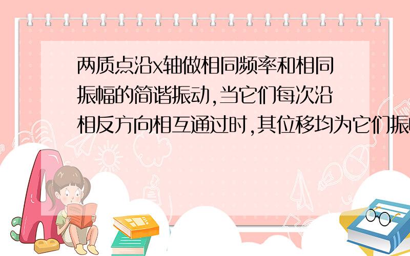 两质点沿x轴做相同频率和相同振幅的简谐振动,当它们每次沿相反方向相互通过时,其位移均为它们振幅的一半则它们之间相差?