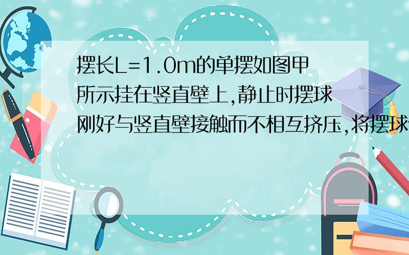 摆长L=1.0m的单摆如图甲所示挂在竖直壁上,静止时摆球刚好与竖直壁接触而不相互挤压,将摆球偏离竖直方向很小角度放手后让其运动,设摆球与竖直壁碰撞前后速度大小不变,它就会在竖直壁和