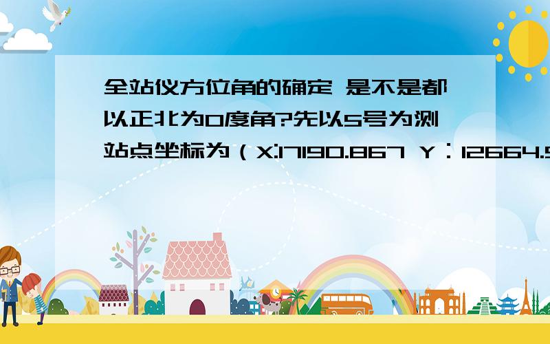 全站仪方位角的确定 是不是都以正北为0度角?先以5号为测站点坐标为（X:17190.867 Y：12664.574）测量1号（X:17121.534 y:12562.065）为后视点 测得方位角为235度55分38秒 距离123.754米然后以引入点A（171