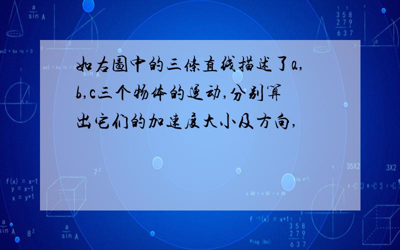 如右图中的三条直线描述了a,b,c三个物体的运动,分别算出它们的加速度大小及方向,