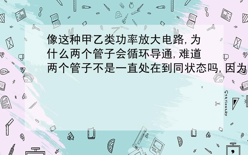 像这种甲乙类功率放大电路,为什么两个管子会循环导通,难道两个管子不是一直处在到同状态吗,因为D1、D2、BE1、BE2这个回路一直都是导通的啊