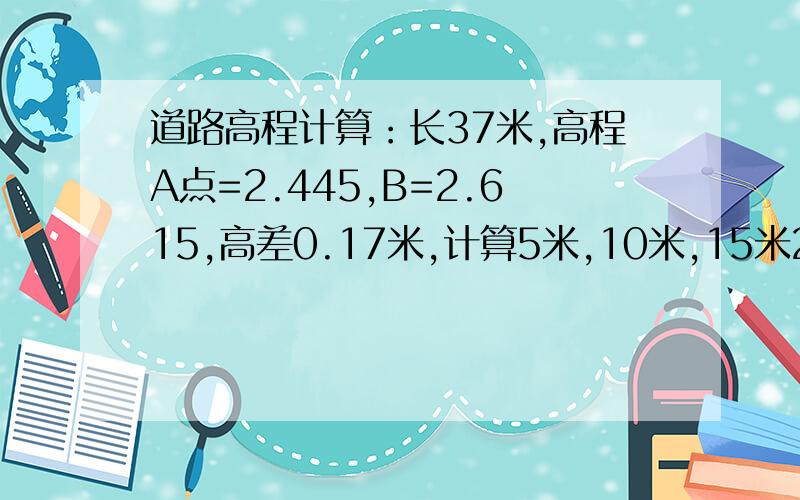 道路高程计算：长37米,高程A点=2.445,B=2.615,高差0.17米,计算5米,10米,15米20米30米的高程