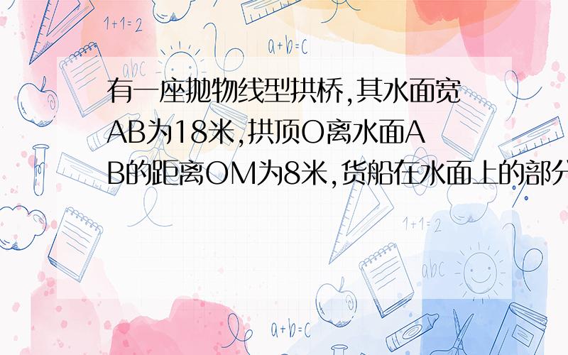 有一座抛物线型拱桥,其水面宽AB为18米,拱顶O离水面AB的距离OM为8米,货船在水面上的部分的横截面是矩形CDEF,如图建立直角坐标系.（1）求此抛物线的解析式；（2）如果限定矩形的长CD为9米,那