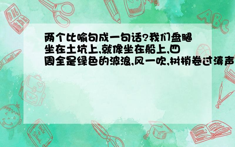 两个比喻句成一句话?我们盘腿坐在土坑上,就像坐在船上,四周全是绿色的波浪,风一吹,树梢卷过涛声,时间闪着粼粼的波光.