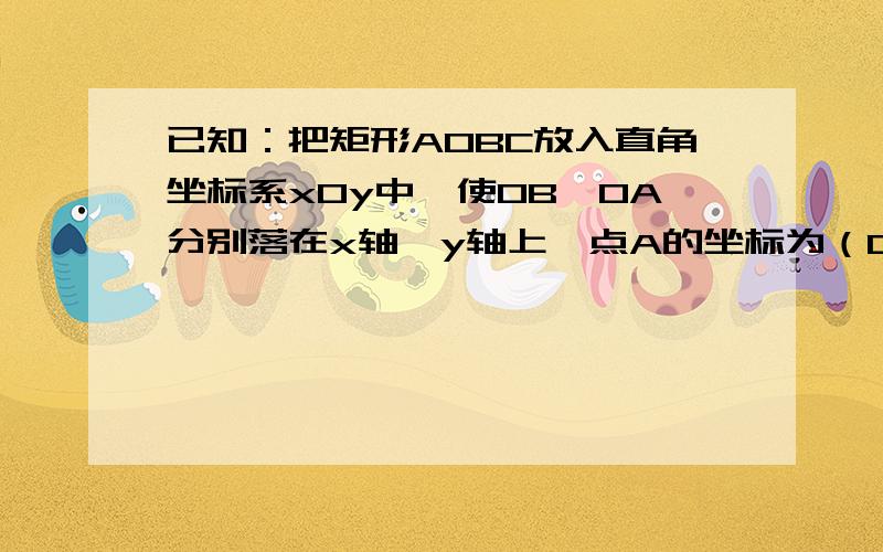 已知：把矩形AOBC放入直角坐标系xOy中,使OB、OA分别落在x轴、y轴上,点A的坐标为（0,2 ）,连接AB,∠OAB=60°,将△ABC沿AB翻折,使C点落在该坐标平面内的D点处,AD交x轴于点E．（1）求D点坐标；（2）求