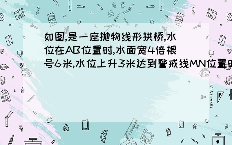 如图,是一座抛物线形拱桥,水位在AB位置时,水面宽4倍根号6米,水位上升3米达到警戒线MN位置时,水面宽4倍根号3 米,某年发洪水,水位以0.25米的速度上升,求水过警戒线后几小时淹到拱桥顶?请回