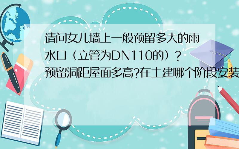 请问女儿墙上一般预留多大的雨水口（立管为DN110的）?预留洞距屋面多高?在土建哪个阶段安装雨水斗?