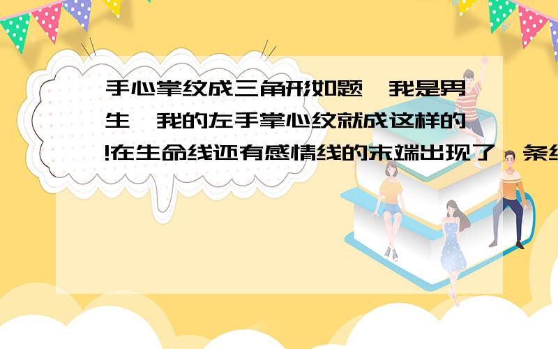 手心掌纹成三角形如题,我是男生,我的左手掌心纹就成这样的!在生命线还有感情线的末端出现了一条线,把生命线跟感情线连接起来了!就跟下面的图一样!我妈妈是算命的,她说这种纹理是一个