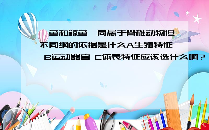 鲨鱼和鲸鱼,同属于脊椎动物但不同纲的依据是什么A生殖特征 B运动器官 C体表特征应该选什么啊?