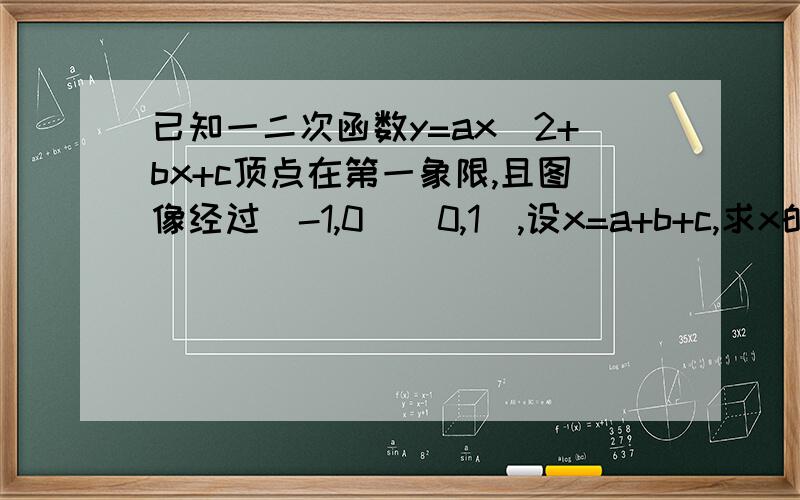 已知一二次函数y=ax^2+bx+c顶点在第一象限,且图像经过（-1,0）（0,1）,设x=a+b+c,求x的取值范围1＜x＜2