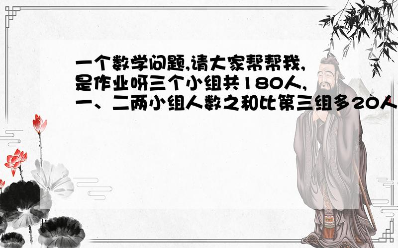 一个数学问题,请大家帮帮我,是作业呀三个小组共180人,一、二两小组人数之和比第三组多20人,第一小组比第二小组少2人.求第一组人数.（别用方程）