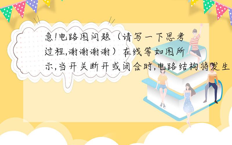 急!电路图问题（请写一下思考过程,谢谢谢谢）在线等如图所示,当开关断开或闭合时,电路结构将发生什么变化?灯的亮灭情况如何?试根据下列条件画出相应的等效电路图.（1）只闭合开关S3,