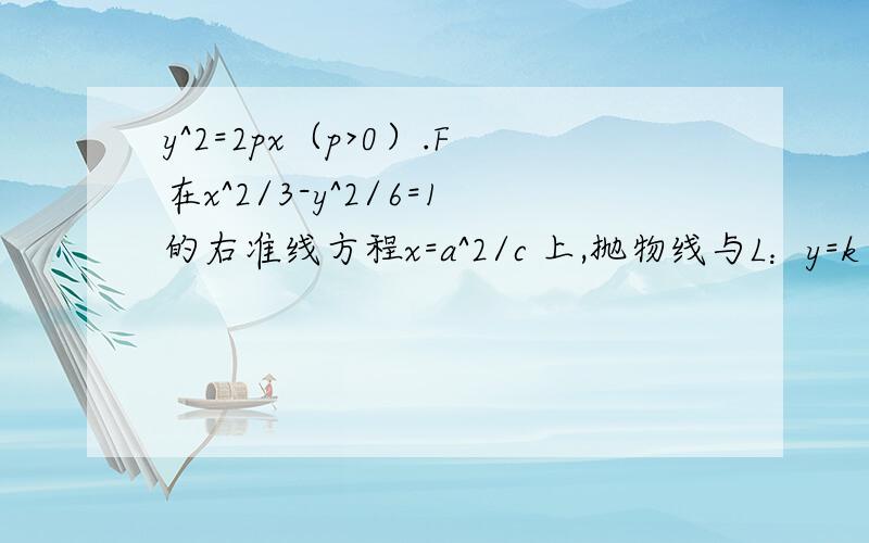 y^2=2px（p>0）.F在x^2/3-y^2/6=1的右准线方程x=a^2/c 上,抛物线与L：y=k（x-2） 交于A.B两点,AF.BF的延长线与抛物线交于C.D两点（1）求抛物线的方程（2）求证：直线CD恒过一点.