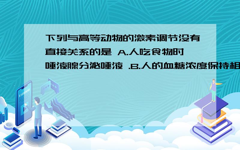 下列与高等动物的激素调节没有直接关系的是 A.人吃食物时唾液腺分泌唾液 .B.人的血糖浓度保持相对稳定C.雄鹿到一定年龄后,会长出发达的鹿角 D.给青鱼注射鲤鱼垂体的提取物能促进青鱼卵