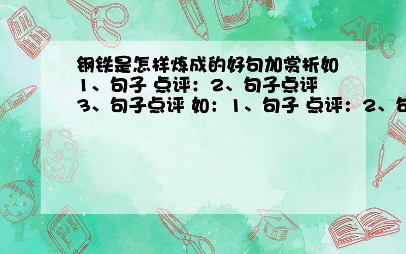 钢铁是怎样炼成的好句加赏析如1、句子 点评：2、句子点评3、句子点评 如：1、句子 点评：2、句子点评3、句子点评 按照这个来答