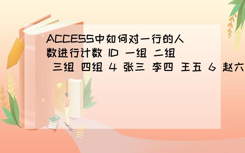 ACCESS中如何对一行的人数进行计数 ID 一组 二组 三组 四组 4 张三 李四 王五 6 赵六 刘七 7 陈九 匡十如ID4行 有多少人,