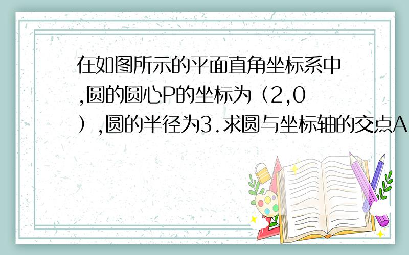 在如图所示的平面直角坐标系中,圆的圆心P的坐标为（2,0）,圆的半径为3.求圆与坐标轴的交点A,B,C,D的坐标.