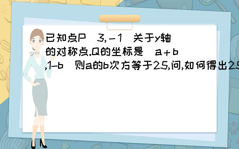 已知点P（3,－1）关于y轴的对称点.Q的坐标是（a＋b,1-b）则a的b次方等于25,问,如何得出25,不要太复杂,我是初中生,怕看不懂······