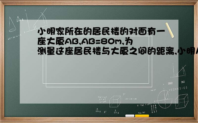 小明家所在的居民楼的对面有一座大厦AB,AB=80m,为测量这座居民楼与大厦之间的距离,小明从自己家的窗户C处测得大厦顶部A的仰角为37度,大厦底部B的俯角为48度,求小明家所在的居民楼与大厦