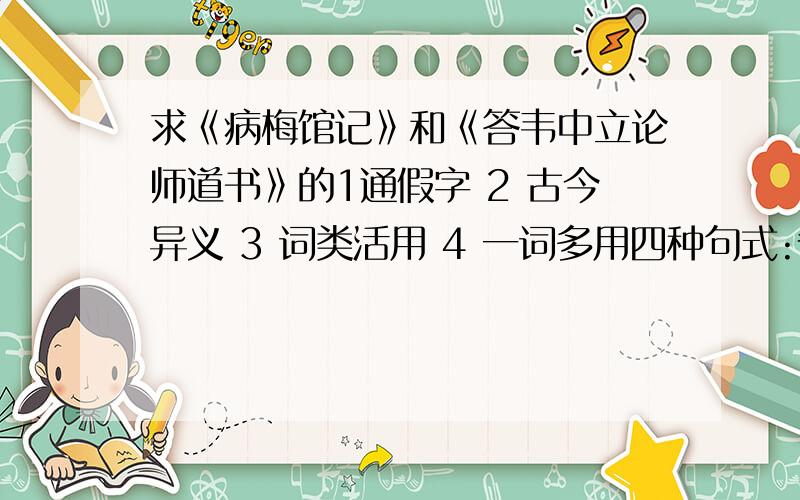 求《病梅馆记》和《答韦中立论师道书》的1通假字 2 古今异义 3 词类活用 4 一词多用四种句式:省略,倒装,判断,被动也要的.最好还有作者介绍.求求大家了,以下给一篇都行!上枢密韩太尉书 与