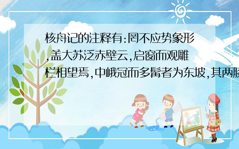 核舟记的注释有:罔不应势象形,盖大苏泛赤壁云,启窗而观雕栏相望焉,中峨冠而多髯者为东坡,其两膝相比者各隐卷底衣褶中,其人视端容寂若听茶声然,细若蚊足钩画了了,盖简桃核修狭者为之,