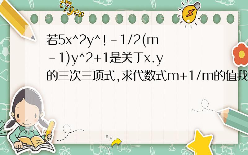 若5x^2y^!-1/2(m-1)y^2+1是关于x.y的三次三项式,求代数式m+1/m的值我有急用!11请问0是m+1/m的答案吗？