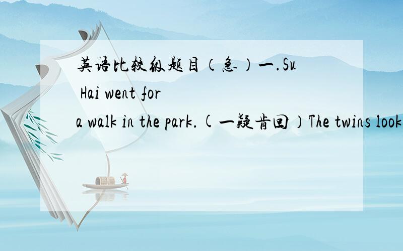 英语比较级题目（急）一.Su Hai went for a walk in the park.(一疑肯回）The twins look the same.(一疑肯回）He has same brothers and sisters.(否定句）I am fatter than his (同义句2句）They had a chat juest now（改写句子n