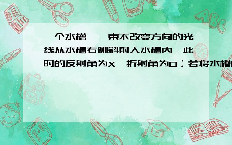 一个水槽,一束不改变方向的光线从水槽右侧斜射入水槽内,此时的反射角为X,折射角为O；若将水槽的左部垫高,这时的反射角为X1,折射角为O1,写出这些角的大小关系.（就是：X（大于/小于/等于