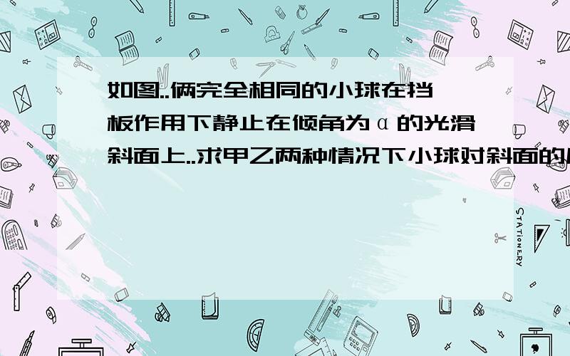 如图..俩完全相同的小球在挡板作用下静止在倾角为α的光滑斜面上..求甲乙两种情况下小球对斜面的压力之比..