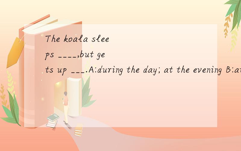 The koala sleeps ____,but gets up ___.A:during the day; at the evening B:at day; during night C:in the day; during the eveningD:during the day; at night