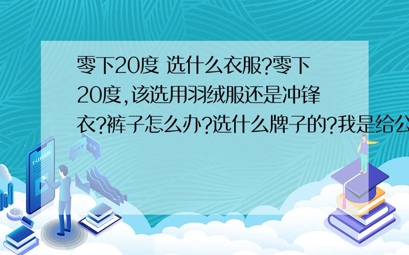 零下20度 选什么衣服?零下20度,该选用羽绒服还是冲锋衣?裤子怎么办?选什么牌子的?我是给公司采购,价格控制在800-1000元每套就可以了.是去内蒙公干,要呆得比较久.还要干活地大家都在说上衣