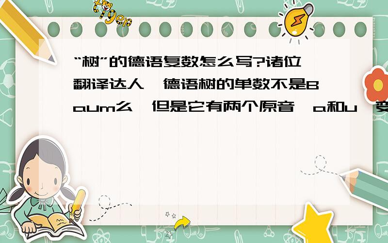 “树”的德语复数怎么写?诸位翻译达人,德语树的单数不是Baum么,但是它有两个原音,a和u,变复数的时候是在a上头加两点还是u上头加两点之后再加e呢?