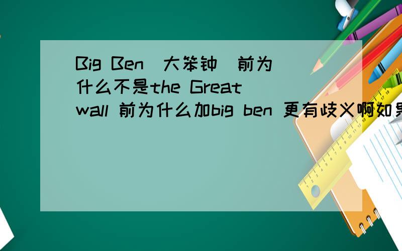 Big Ben（大笨钟）前为什么不是the Great wall 前为什么加big ben 更有歧义啊如果不加定冠词的话。就是一个大山顶。反而 GREAT WALL 即使不加定冠词好像全世界也知道那是中国那个奇迹长城啊 是不