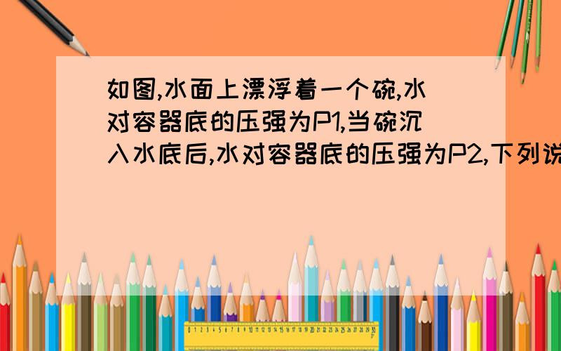 如图,水面上漂浮着一个碗,水对容器底的压强为P1,当碗沉入水底后,水对容器底的压强为P2,下列说法正确的是A.P1＜P2 B.P1＞ C.P1=P2 D.无法比较