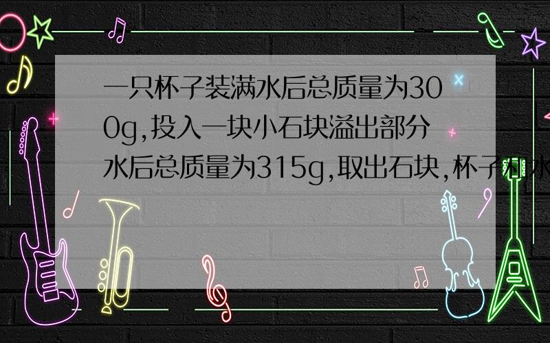 一只杯子装满水后总质量为300g,投入一块小石块溢出部分水后总质量为315g,取出石块,杯子和水的总质量为290g为什么.m石＝315g-290g不应该是 315g-300g么?