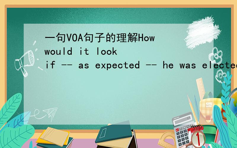 一句VOA句子的理解How would it look if -- as expected -- he was elected president of the convention?if在这里的意思或作用是什么?句子有if和无if会产生何种微妙差异?我觉得这里的意思是“是否”,翻译为：他是