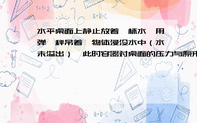 水平桌面上静止放着一杯水,用弹簧秤吊着一物体浸没水中（水未溢出）,此时容器对桌面的压力与原来相比是增大还是不变?我认为物体受到了三个力 浮力 拉力和重力 浮力加拉力的大小与重