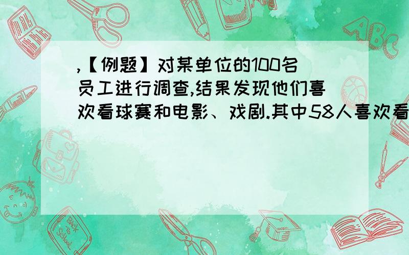 ,【例题】对某单位的100名员工进行调查,结果发现他们喜欢看球赛和电影、戏剧.其中58人喜欢看球赛,38人题型：对某单位的100名员工进行调查,结果发现他们喜欢看球赛和电影、戏剧.其中58人