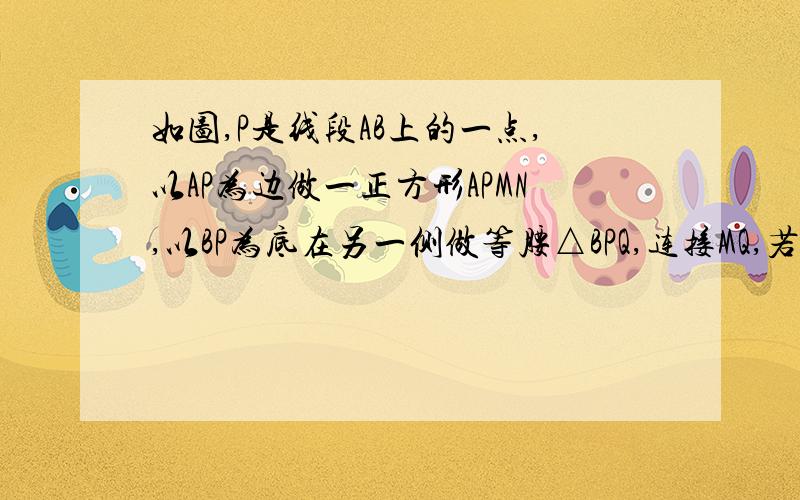 如图,P是线段AB上的一点,以AP为边做一正方形APMN,以BP为底在另一侧做等腰△BPQ,连接MQ,若AB的长为4,求△MPQ的面积的最大值.