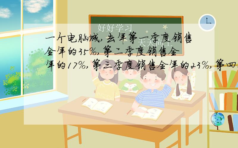 一个电脑城,去年第一季度销售全年的35%,第二季度销售全年的17%,第三季度销售全年的23%,第四季度销售全年的25%.已知这个电脑城去年上半年平每月销售104台,那么这个电脑城去年总销量是多少