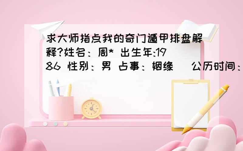 求大师指点我的奇门遁甲排盘解释?姓名：周* 出生年:1986 性别：男 占事：姻缘 　公历时间：2012-2-2 1:42:00　　农历时间：农历壬辰年(龙)正月十一 　节气：2012-1-21 23:56:00大寒下元 　干支：辛