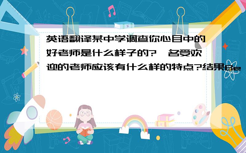 英语翻译某中学调查你心目中的好老师是什么样子的?一名受欢迎的老师应该有什么样的特点?结果Be fun 占41%Be fair(公平)占52%Be patient and helpful占69%Can play different roles(角色)占86%主题如题,