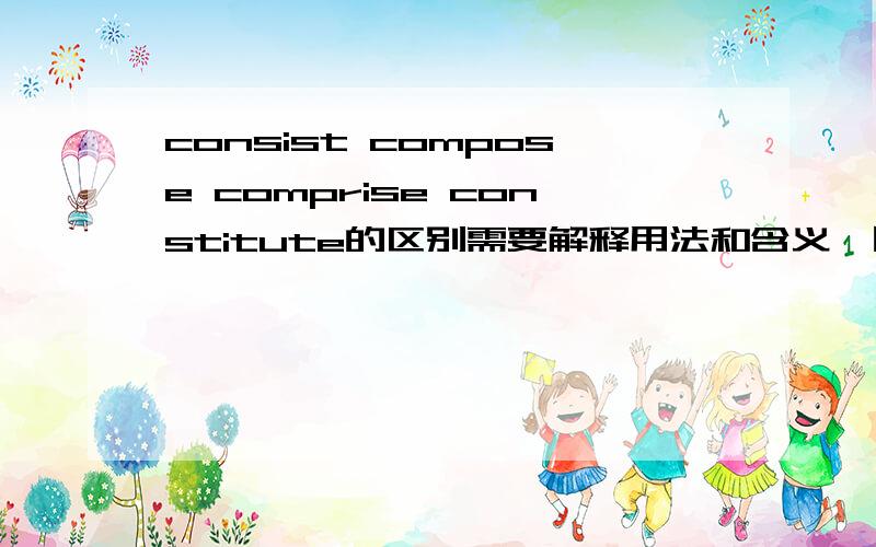 consist compose comprise constitute的区别需要解释用法和含义,同时需要例句.